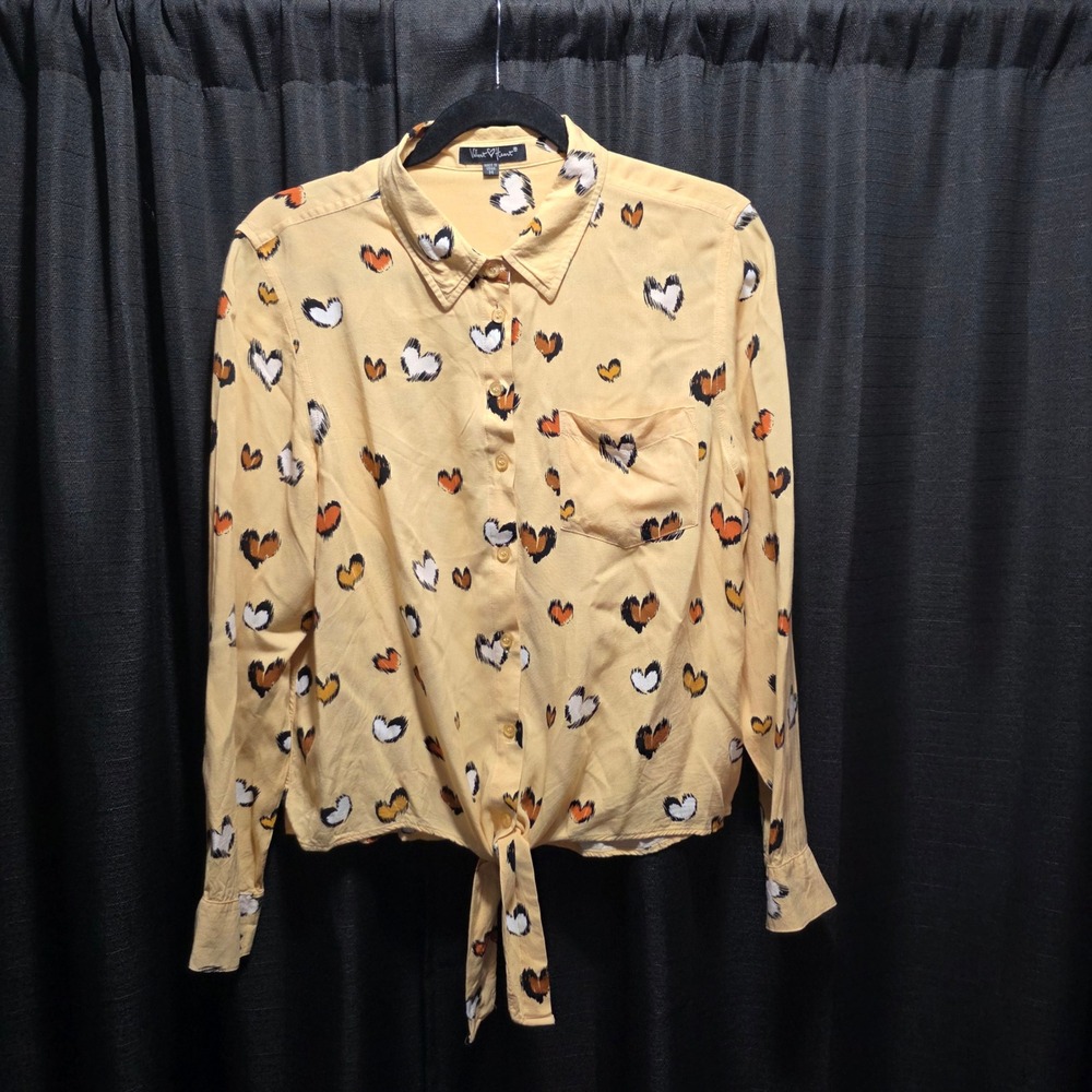 Velvet Heart Yellow Heart Print Tie Front‎ Button Down Shirt 2YI-21641 Womens M